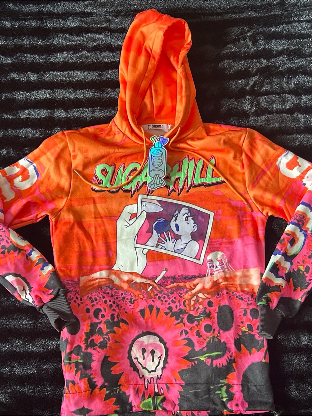 Sugarhill Orange Graphic Hoodie with Bold Pink & Black Print